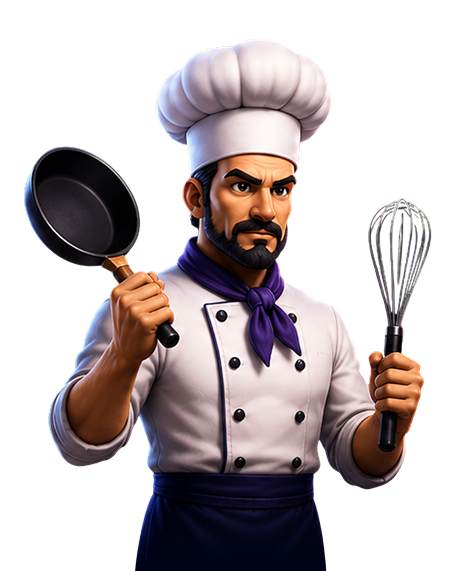 O Chefe Guardião segurando uma frigideira e um batedor