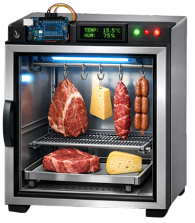 Câmara de maturação MatureBox com carnes, embutidos e queijos pendurados